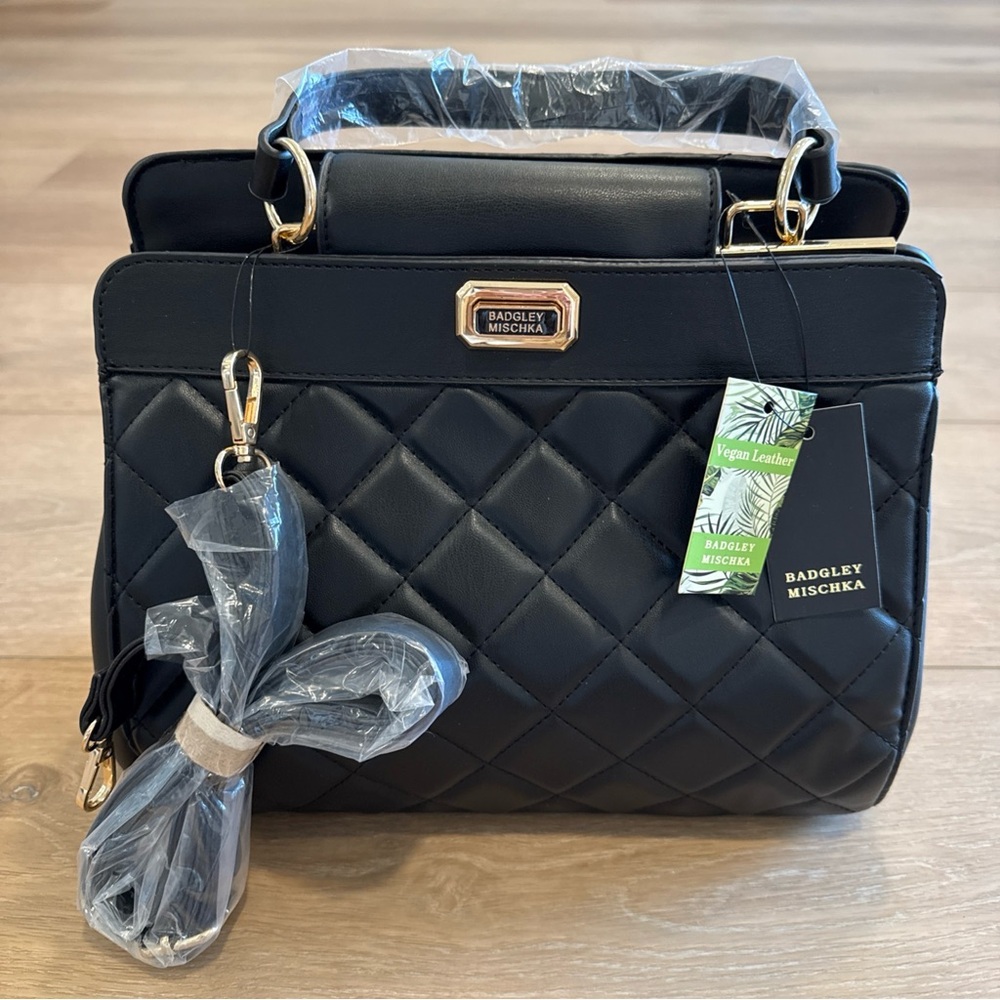 Badgley Mischka Black Quilted Mini Tote Bag Crossbody Satchel Vegan Leather NWT